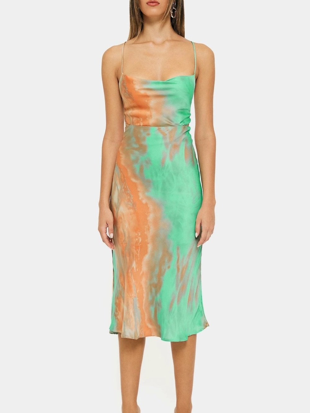 Silk-Like Slip Dress in Aqua and Peach